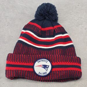 New Era New England Patriots NFL Pom Beanie Hat 100 Anniversary Red Blue Striped